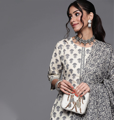 Women Off White & Charcoal Grey Floral Print Cotton Straight Kurta Salwar Dupatta